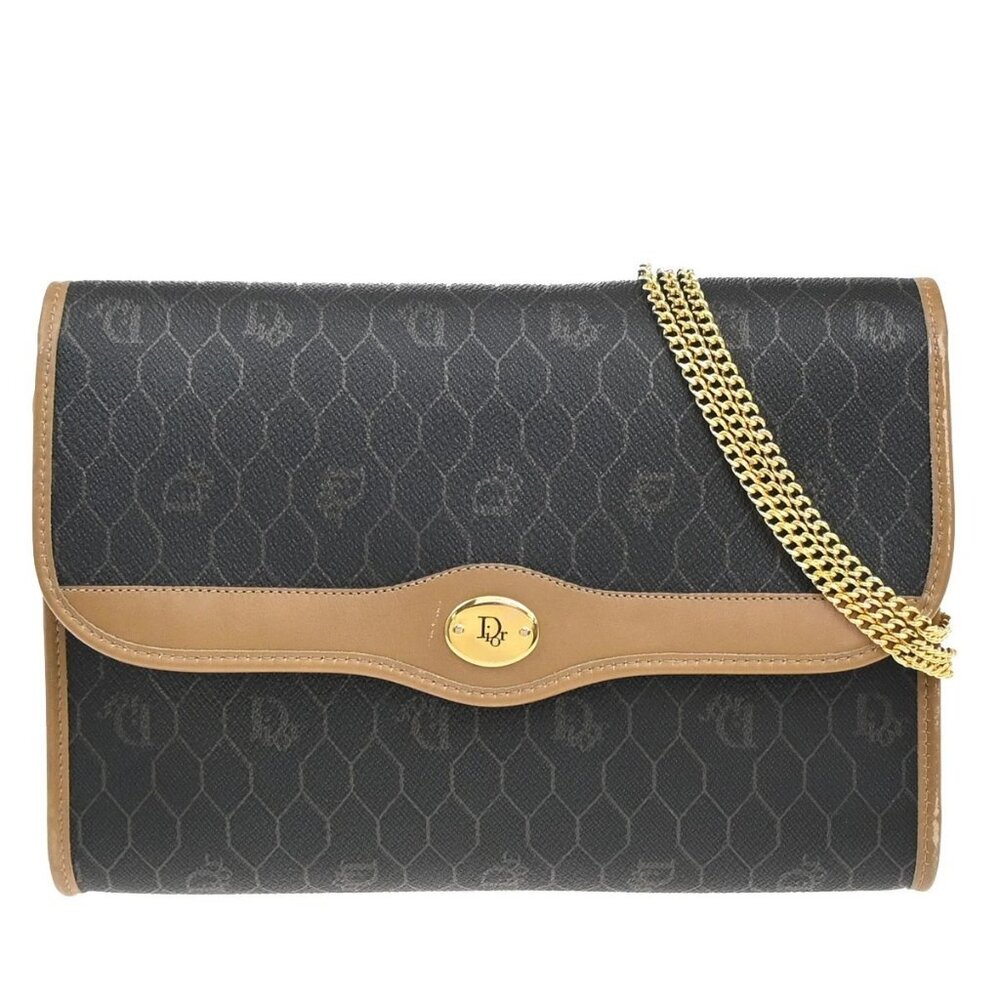 CHRISTIAN DIOR Logos Honeycomb Chain Shoulder Bag PVC Leather Brown Gold 38KP372